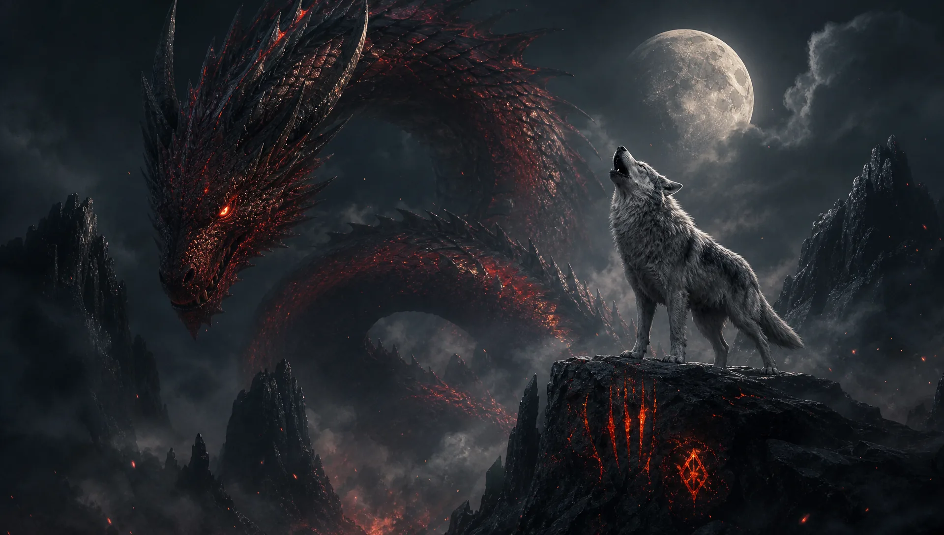 DragonWolves — an ember-scaled dragon coiled behind a howling wolf on a moonlit ridge