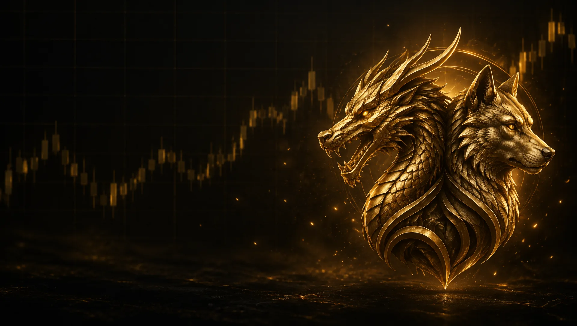 Gold DragonWolves emblem glowing over a faint candlestick chart
