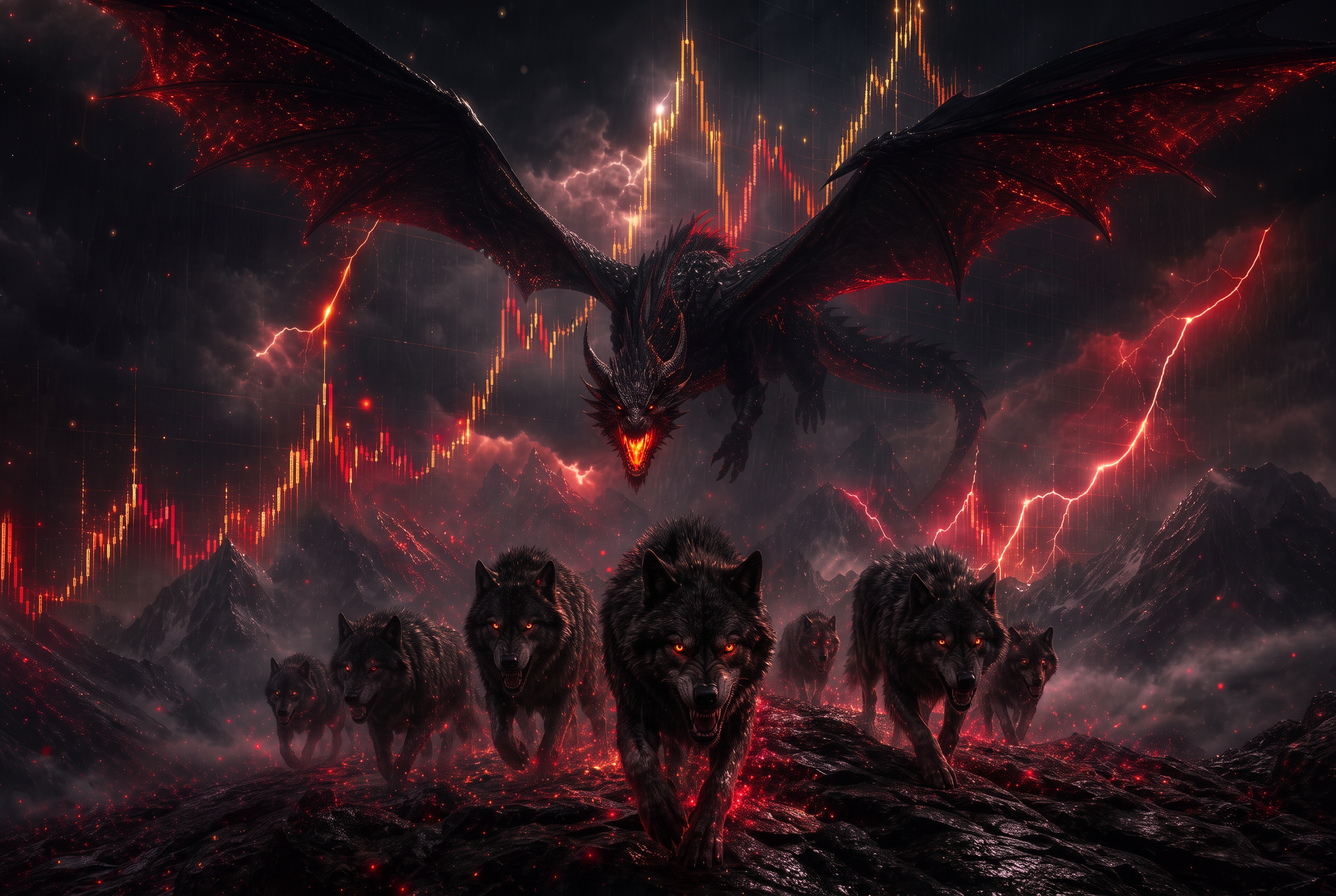 DragonWolves โ dragon and wolf pack over trading charts